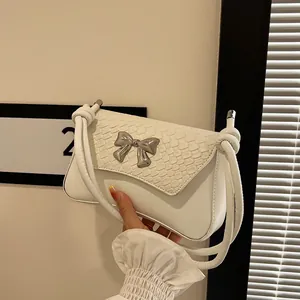Fashion PU Leather Underarm Bag Woven Flap Silver Butterfly Buckle Knotted Shoulder Strap Small Square Bag For Women Casual Party Gift