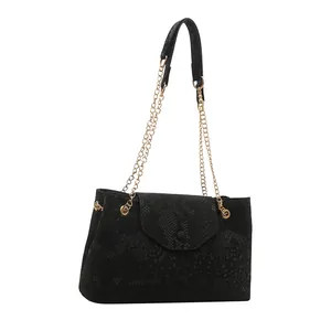 Large black snakeskin texture tote bag with gold chain strap for women, 2025 style