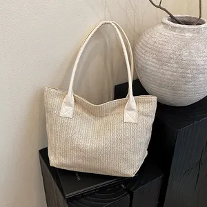 Women Retro Woven Contrast Color Straw Tote Bag Large Capacity Casual Beach Vacation Shoulder Bag With PU Handle