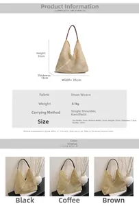 Detailed size and material diagram for large woven straw shoulder bag in natural style