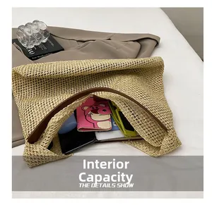 Detail view of woven tote bag internal capacity with essentials and hollow crochet texture