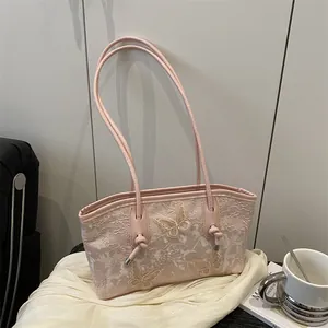 Pink floral lace tote bag with 3D butterfly embroidery and slim shoulder straps