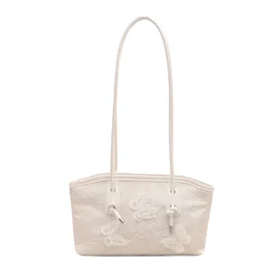 Elegant cream lace tote bag with 3D butterfly floral embroidery and thin shoulder straps