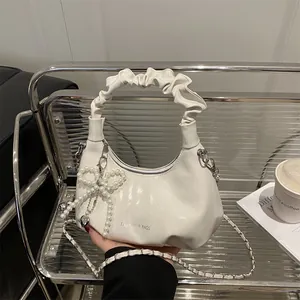 Women Pleated Bowknot Crossbody Bag PU Leather Hobo Shoulder Bag With Artificial Pearl Pendant Metal Chain Trendy Fashion Handbag