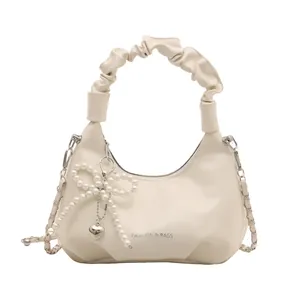 Chic off-white pleated bag with pearl bow charm and silver chain strap for women