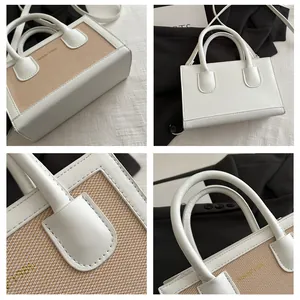 Detail shots showing stitching and canvas texture of white faux leather crossbody bag