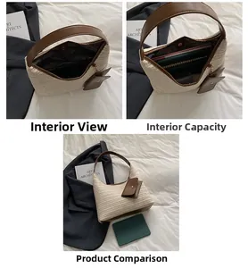Detail of straw tote bag interior capacity, faux leather straps, and magnetic closure