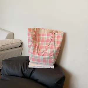 Sac fourre-tout en nylon à carreaux style britannique, motif rose et vert pour femme