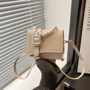 Women Fashion PU Leather Square Bag With Woven Texture Elegant Faux Pearl Handle Crossbody Shoulder Bag For Daily Matching