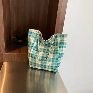Sac cabas en nylon à carreaux vert et violet style britannique à grande capacité