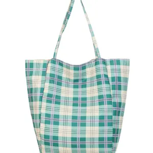 Grand sac cabas en nylon à carreaux verts de style britannique pour femmes au quotidien