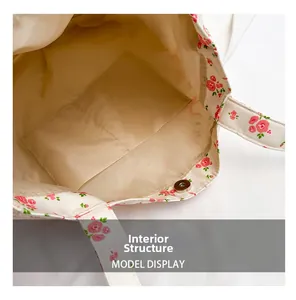 Macro shot of floral canvas tote bag showing interior lining with magnetic closure and pocket