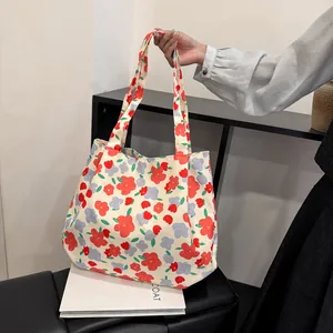 Women Floral Canvas Tote Bag Large Capacity Rose Flower Print Shoulder Bag Butterfly Pattern Shopping Handbag For Daily Travel