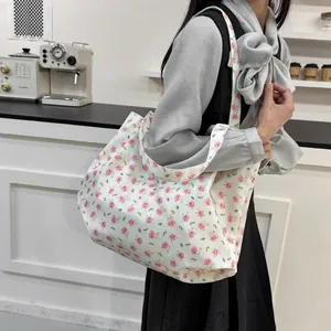 Floral canvas tote bag with pink rose pattern, spacious shoulder bag for beach and shopping