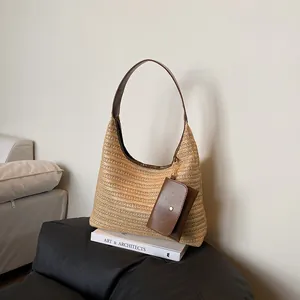 Women Fashion Straw Woven Tote Bag With Small Pouch Large Capacity Casual Beach Shoulder Bag Urban Minimalist Handbag Set
