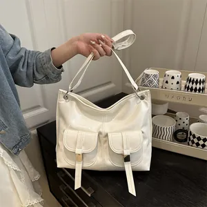 Women Large Capacity Glossy PU Leather Tote Bag Shoulder Crossbody Motorcycle Style Bag With Double Pockets Adjustable Strap Urban Fashion Bag