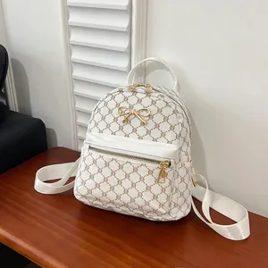 Women Retro Monogram Mini Backpack Fashion PU Leather Rucksack With Gold Bow Decor Small Casual Travel Bag For Girls