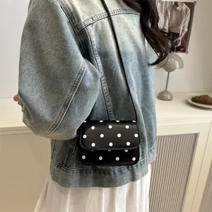 Fashionable black and white polka dot small square crossbody bag with thin strap
