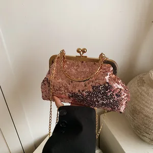 Women Sequin Evening Bag Clutch Handbag Metal Handle Chain Strap Shoulder Crossbody Bag For Wedding Party Banquet Ball
