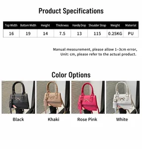 Detailed dimension guide for PU leather crossbody bag with bow accent and size specifications