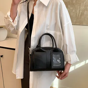 Retro schwarze Damen Boston-Tasche mit Doppelgriffen und verstellbarem Schultergurt