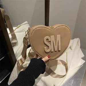 Women's Fashion Heart Shaped PU Leather Crossbody Bag With SM Letter Embossing Adjustable Wide Strap Sweet Shoulder Bag