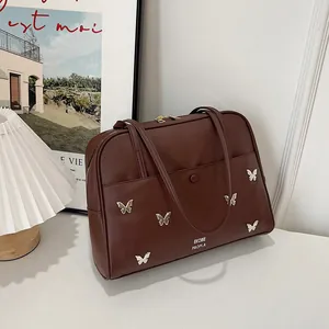 Sac cabas en cuir marron foncé avec papillons argentés pour le quotidien des femmes