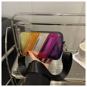 Macro detail of multi-color metallic stripe camera bag with lychee texture and gold buckle