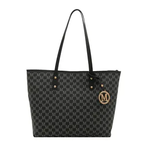 Classic grey tote bag with repeating M pattern and golden metal logo charm