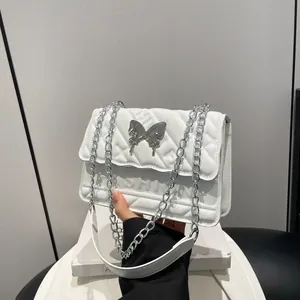 Women's Fashion PU Leather Quilted Shoulder Bag With Metal Butterfly Buckle Letter Embossed Chain Crossbody Square Bag
