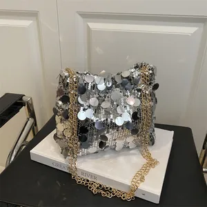 Luxury Women Sequin Underarm Bag With Metal Chain Strap French Style Evening Party Shoulder Crossbody Bucket Bag Jewelry
