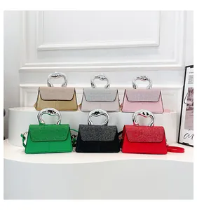 Elegant PU leather square handbags shown in six colors with glitter flap and metal handles