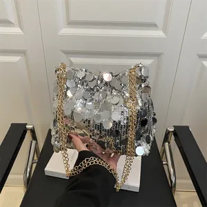 Silver sequin underarm bag for women with gold chain strap for party and evening use