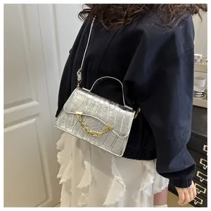 Detail view of silver crocodile embossed mini box bag with gold chain and handle