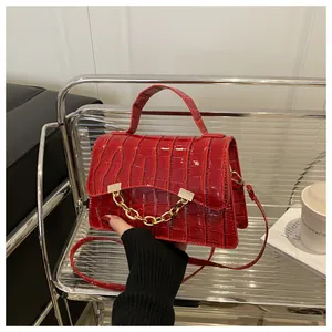 Detail of red crocodile pattern box bag with gold chain decoration and top handle