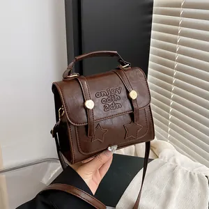 Vintage PU Leather Small Square Bag For Women Star Embossed Crossbody Handbag With Adjustable Strap Retro Casual Daily Shoulder Bag