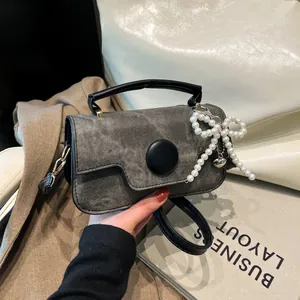 Women Retro PU Leather Small Square Bag Artificial Pearl Bow Heart Pendant Contrast Color Minimalist Handbag Shoulder Crossbody Bag