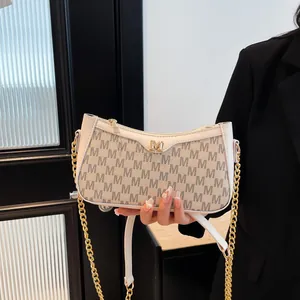 Vintage PU Leather Monogram Shoulder Bag For Women Gold Metal Logo Chain Strap Underarm Bag Fashion Handbag Daily Commuting Tote