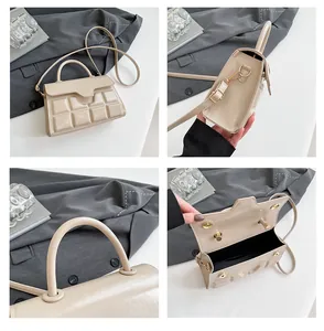 Detailed views of beige quilted handbag showing metal clasps, interior and handle