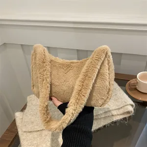 Women's Casual Plush Handbag Faux Fur Underarm Bag Solid Color Warm Fluffy Shoulder Bag For Autumn Winter Fashion Accessories