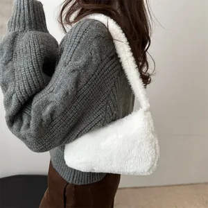 Minimalist white fluffy faux fur underarm shoulder bag for autumn winter fashion styles