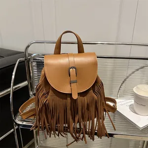 Damen Boho Fransen Rucksack Vintage Kunstleder Quasten Backpack Lässig Reisen Pendler Tasche Mit Klappdeckel