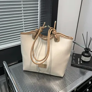 Women Minimalist PU Leather Tote Bag Large Capacity Fashion Casual Shoulder Bag With Knot Straps Contrast Color Commute Handbag