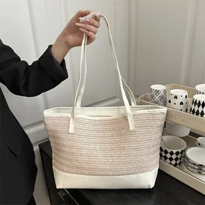Grand Sac Fourre-tout en Paille pour Femmes Sac à Bandoulière Tissé Cuir PU Couleur Contrastée Sac de Plage avec Fermeture Éclair