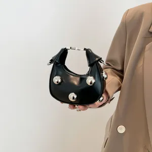 Women Mini Crescent Handbag Silver Metal Ball Rivets Fashion PU Leather Half Moon Shoulder Crossbody Bag Casual Party Pouch