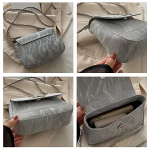 Detailed four-view of grey marble texture crossbody bag showing strap and interior