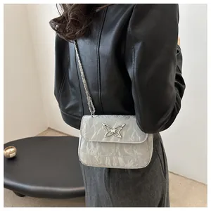 Detail of silver crinkled texture crossbody bag with metal butterfly clasp and chain
