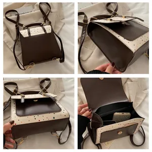 Detailed interior views of a brown retro backpack with card slots and zip pockets