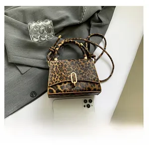 Detail of leopard print handbag with gold clasp next to smartphone for size scale