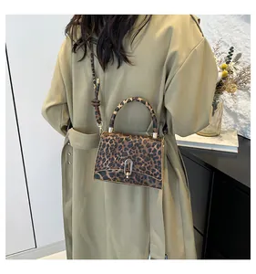 Detail showing a stylish leopard print crossbody bag with metallic oval buckle on a model